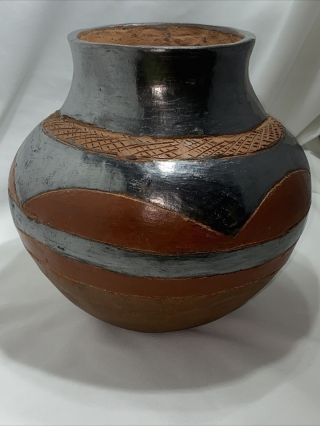 Zimbabwe African Pottery Vase Wood Fired Tribal Design Carved Clay Metalic Glaze
