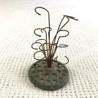 Antique Metal Flower Frog Bouquet Holder With Holes In Base And Tall Curly Wires