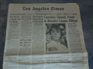 Aug 12,  1969 L.  A.  Newspaper Charles Manson Sharon Tate Murder; Caretaker Cleared
