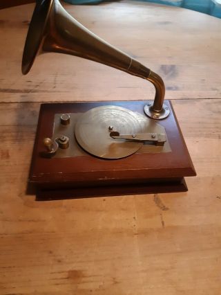 Vintage Wood Brass Enesco Music Box Victrola Gramophone Record Player