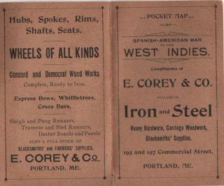 E Corey & Co Iron Steel Axles Wheel Pocket Map Spanish - American War West Indies