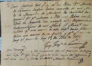 Receipt Signed By J.  Joaquin & Martin De Larrain From Marquesa De Montepio.  1815