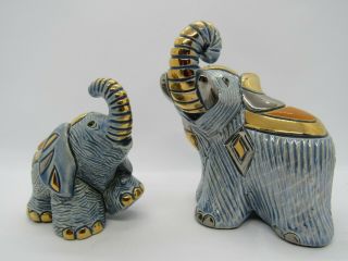 De Rosa Artesania Rinconada Blue Elephant Mother & Baby Figurine Gold Enamel