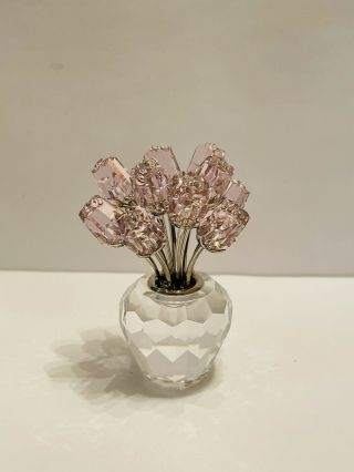 Swarovski Crystal Dozen Pink Roses Flower Bouquet In Vase 7485 Signed