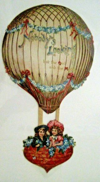 Lovely Victorian Die Cut Valentine W/ Hot Air Balloon W/ Boy & Girl