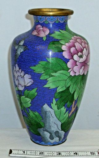 Brass Cloisonne Vase In Blue And Pink Floral By Jingfa Or China