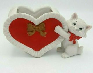 Vintage Porcelain Lefton Cat Kitten Valentine Heart Planter Marked 00179 Sticker