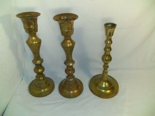 3 Tall Large Heavy Vintage Brass Candlestick & Candle Holders Wedding