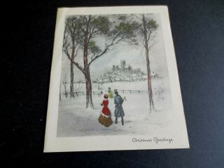 J828 - Vintage Xmas Greeting Card Victorian Couple Taking A Walk In Park
