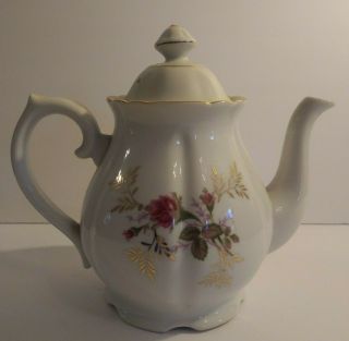 Vintage Porcelain Music Box Tea Coffee Pot Japan Pink Floral Moss Rose 8 1/2 "