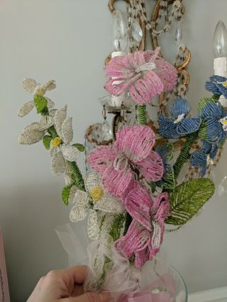Bouquet Stems Vintage Colorful Hm French? Beaded Glass Flowers Pink Blue,