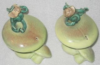 Very Rare Vtg Salt & Pepper Shakers Pixies Elves Leprechaun Mushrooms Unmarked