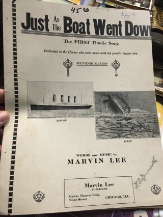 Titanic Sinking 1912 Chicago Sheet Music ‘just As The Boat Went Down’