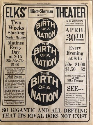 “the Birth Of A Nation”1916 Newspaper Adv.  Broadsheet Kkk Klu Klux Klan