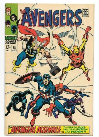 Avengers 58 Vf,  Key Issue Origin Of Vision Marvel Silver Age 1968 Thor Iron Man