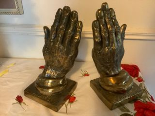 Pair Vtg Mid Century Modern Retro Brass Metal Praying Hands Bookends Book Ends 2