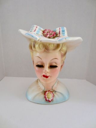 Vintage 1950s Lady Head Vase 2358,  Blonde In Sun Hat Rubens Napco