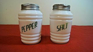 Vintage Anchor Hocking Salt & Pepper Shakers Milk Glass Green Lettering With Lid