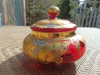 Vintage Ruby Red Glass Covered Dish Hand Painted Flowers Gold Trim 4 "