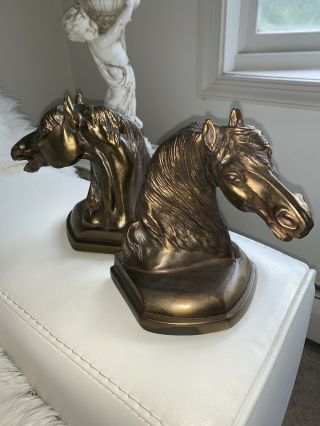 Vintage Pair Brass Horse Head Book Ends Equestrian Cast Metal