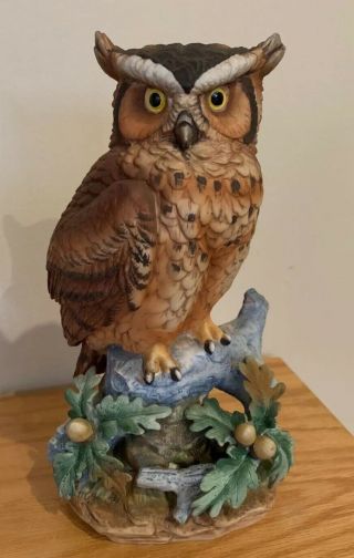 Large Rare Vintage Lefton Handpainted Owl Figure On Branch W/detailed Leaves