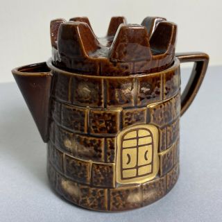 Vintage 70s Brown & Gold Ceramic Castle Shaped Novelty Teapot With Lid 1970s