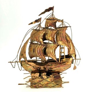 Vintage Tin Ship Sail Boat Pirate Ship Wind Up Music Box Metal Nautical