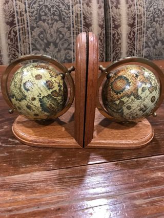 Pair Old World Map Globe Bookends Spinning Rotating Wood & Brass 6.  5x4.  25x5”