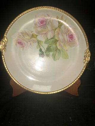 Hand Painted Signed 12” Cabinet Plate Roses Limoges Ldbc Flambeau Gilt Edge