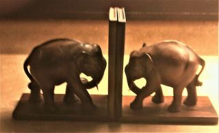 Vintage Wooden Elephant Bookends Dark Wood Statues