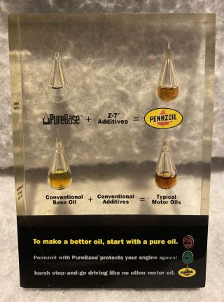 Pennzoil Vintage Advertising Display Oil In Lucite Purebase Products
