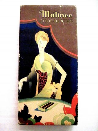Charming Vintage Art Deco Chocolate Box W/ " Matinee Chocolates " W/ Lady