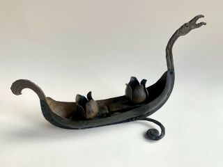Vintage Metal Brass Candle Holder Dragon Boat 12” Long