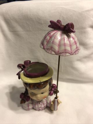 Vintage Napco Head Vase Girl With Umbrella – Pink,  Yellow,  And White