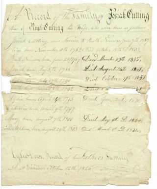 Handwritten Register Josiah And Ruth Cutting Family From 1762