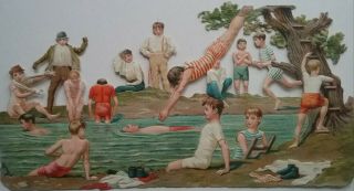 Antique Emboschromo Victorian Scrap.  Boys Having Fun Swimming In Lake14.  5x8cms.