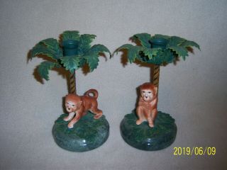 Vintage Petites Choses - Metal,  Marble,  Ceramic Monkey & Palm Tree Candle Stick H