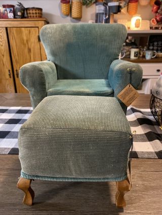 Boyd’s Bear Upholstered Green Arm Chair & Ottoman Doll Furniture Wood Legs F - 15