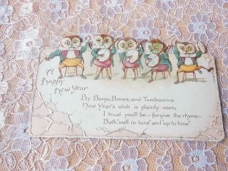 Victorian Year Card/cut - Out Anthropomorphic Owl Orchestra/ernest Nister