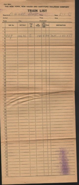 Vintage York,  Haven And Hartford Railroad Company Train List 1951