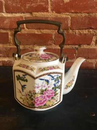 Homco Japanese Flowered Hand Painted Hexagon Porcelain Teapot W/ Brass Handle 9”