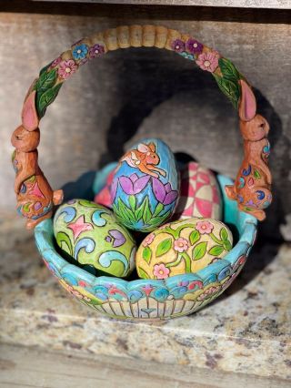 2006 Jim Shore “hunting Eggs And Finding Joy” 5 Eggs Easter Basket