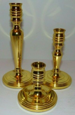 Set Of 3 Baldwin Brass Round Base Candlesticks 3 ",  5 " And 7 " Tall
