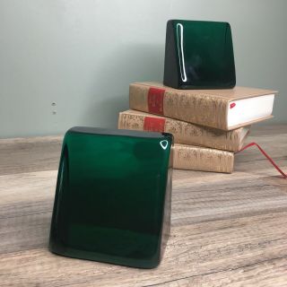Blenko Dark Green Glass Art Deco 4” 1/2 Triangle Bookends