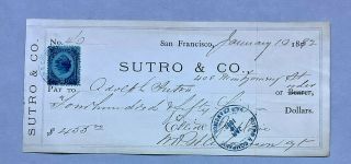 1882 Sutro & Co Check San Francisco California Endorsed By Adolph Sutro