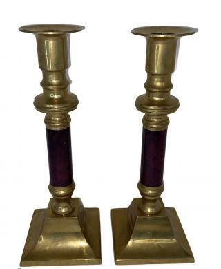 Set Of 2 Vintage Brass Candlestick Candle Holders Red Wine Enamel Handle 8 " Tall