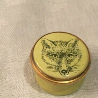 Halcyon Days Enamel Trinket Box Pill Pale Yellow Fox Head On Lid Top Rare Woods