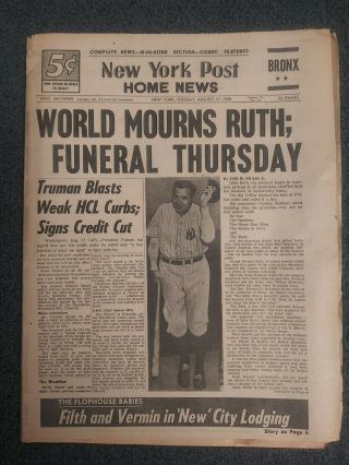 Babe Ruth Death - Yankees - Baseball - 1948 York Post Newspaper