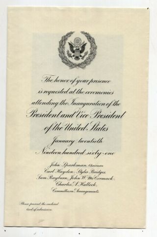 1961 Invitation To Inauguration Of John F Kennedy