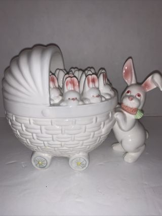 Vintage Fitz And Floyd Bunny Rabbit Pushing Carriage Lidded Candy Dish